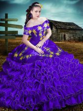 Decent Floor Length Purple Quinceanera Gown Off The Shoulder Sleeveless Lace Up