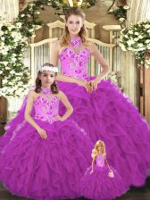 Clearance Sleeveless Floor Length Embroidery and Ruffles Lace Up Vestidos de Quinceanera with Fuchsia