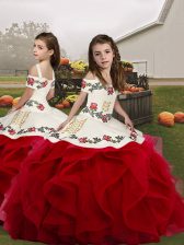  Organza Straps Sleeveless Lace Up Embroidery and Ruffles Little Girl Pageant Dress in Red