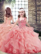  Watermelon Red Ball Gowns Straps Sleeveless Tulle Floor Length Lace Up Beading and Ruffles Pageant Gowns For Girls