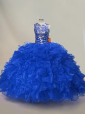 Stunning Royal Blue Scoop Neckline Ruffles and Sequins Quinceanera Dress Sleeveless Lace Up