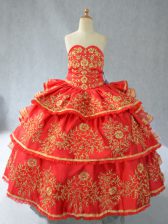 Customized Red Sleeveless Embroidery and Ruffled Layers Floor Length Little Girls Pageant Dress Wholesale