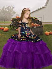Fantastic Purple Sleeveless Embroidery and Ruffled Layers Floor Length Little Girls Pageant Dress Wholesale