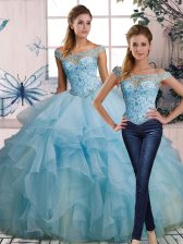 Fashionable Light Blue Organza Lace Up Off The Shoulder Sleeveless Floor Length Vestidos de Quinceanera Beading and Ruffles
