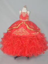 Latest Red Straps Lace Up Embroidery and Ruffled Layers Little Girl Pageant Dress Sleeveless