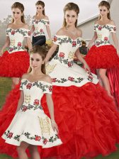  White And Red Lace Up 15th Birthday Dress Embroidery and Ruffles Sleeveless Floor Length
