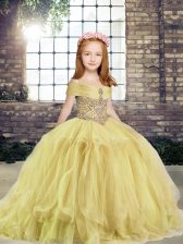 Customized Yellow Sleeveless Tulle Lace Up Little Girls Pageant Dress for Military Ball and Wedding Party