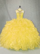  Gold Organza Zipper Ball Gown Prom Dress Sleeveless Floor Length Beading and Ruffles