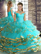  Aqua Blue Quinceanera Gown Military Ball and Sweet 16 and Quinceanera with Beading and Ruffled Layers Off The Shoulder Sleeveless Lace Up