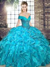 Delicate Aqua Blue Ball Gowns Off The Shoulder Sleeveless Organza Floor Length Lace Up Beading and Ruffles Quinceanera Dress