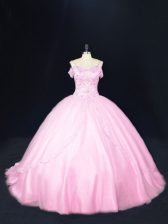 Low Price Off The Shoulder Sleeveless Tulle Quinceanera Dresses Beading Court Train Lace Up