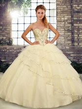 Nice Sweetheart Sleeveless Tulle Quinceanera Gowns Beading and Ruffled Layers Brush Train Lace Up