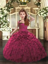  Organza Straps Sleeveless Lace Up Ruffles Little Girls Pageant Dress in Fuchsia