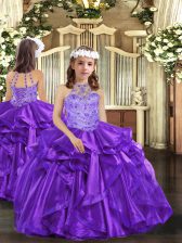 Super Purple Organza Lace Up High-neck Sleeveless Floor Length Kids Pageant Dress Beading and Ruffles
