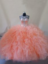 Graceful Peach Ball Gowns Tulle Scoop Sleeveless Beading and Ruffles Lace Up Quinceanera Gown Court Train