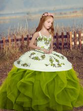 Attractive Olive Green Little Girls Pageant Dress Wholesale Party and Sweet 16 and Wedding Party with Embroidery and Ruffles Straps Long Sleeves Lace Up