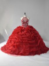 Noble Court Train Ball Gowns Quinceanera Gown Wine Red Halter Top Organza Sleeveless Lace Up