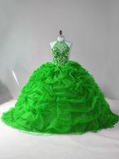 Luxurious Green Ball Gowns Beading and Pick Ups 15th Birthday Dress Lace Up Organza Sleeveless