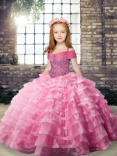  Brush Train Ball Gowns High School Pageant Dress Rose Pink Straps Organza Sleeveless Lace Up