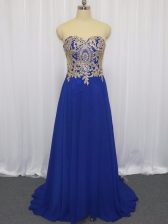  Brush Train Empire Prom Dress Royal Blue Sweetheart Chiffon Sleeveless Zipper