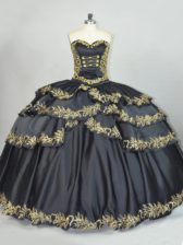 Popular Black Satin Lace Up Sweetheart Sleeveless Floor Length Ball Gown Prom Dress Embroidery
