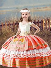  Sleeveless Satin Floor Length Lace Up Pageant Dress for Teens in Orange Red with Embroidery