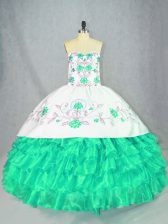  Floor Length Turquoise 15th Birthday Dress Organza Sleeveless Embroidery and Ruffled Layers