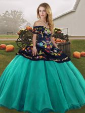  Sleeveless Tulle Floor Length Lace Up Quinceanera Dresses in Turquoise with Embroidery