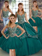 Colorful Teal Ball Gowns Straps Sleeveless Tulle Floor Length Lace Up Beading and Embroidery Sweet 16 Dress