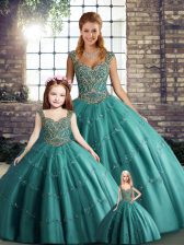  Beading and Appliques Quinceanera Dress Teal Lace Up Sleeveless Floor Length