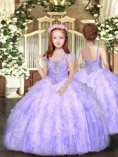 Sweet Lavender Lace Up Straps Beading and Ruffles Pageant Gowns For Girls Tulle Sleeveless
