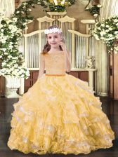  Sleeveless Floor Length Beading and Ruffled Layers Zipper Pageant Gowns For Girls with Gold