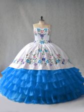 Pretty Blue And White Organza Lace Up Vestidos de Quinceanera Sleeveless Floor Length Embroidery and Ruffled Layers