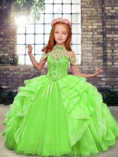 New Arrival Green Organza Lace Up High-neck Sleeveless Floor Length Little Girls Pageant Dress Beading and Ruffles