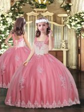 Sweet Watermelon Red Sleeveless Floor Length Appliques Lace Up Girls Pageant Dresses