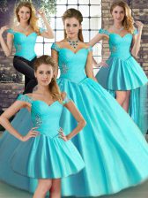  Aqua Blue Ball Gowns Beading Quinceanera Dress Lace Up Tulle Sleeveless Floor Length