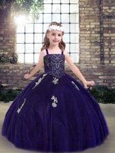  Sleeveless Floor Length Appliques Lace Up Little Girl Pageant Dress with Purple