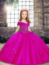 Sleeveless Floor Length Beading Lace Up Little Girls Pageant Dress with Fuchsia