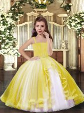 Stylish Straps Sleeveless Pageant Gowns For Girls Floor Length Beading Yellow Tulle