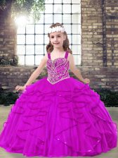 Dazzling Fuchsia Lace Up Straps Beading and Ruffles Little Girls Pageant Dress Tulle Sleeveless
