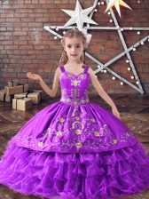  Straps Sleeveless Lace Up Little Girls Pageant Dress Lavender Satin and Organza