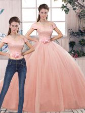 Fitting Floor Length Two Pieces Short Sleeves Pink Ball Gown Prom Dress Lace Up