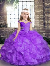Affordable Sleeveless Lace Up Floor Length Beading and Ruffles Little Girls Pageant Gowns