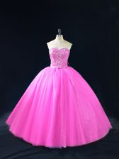 Fitting Lilac Ball Gowns Tulle Sweetheart Sleeveless Beading Floor Length Lace Up Ball Gown Prom Dress