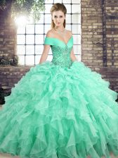 Great Sleeveless Organza Brush Train Lace Up 15th Birthday Dress in Apple Green with Beading and Ruffles