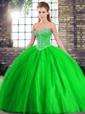 Lovely Green Tulle Lace Up Sweetheart Sleeveless Ball Gown Prom Dress Brush Train Beading