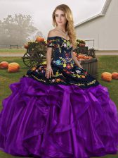  Black And Purple Sleeveless Embroidery and Ruffles Floor Length Quinceanera Dress