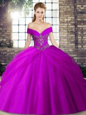  Sleeveless Beading and Pick Ups Lace Up Quinceanera Gowns with Purple Brush Train