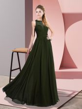 Graceful Scoop Sleeveless Prom Party Dress Floor Length Lace Olive Green Chiffon