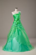  Organza One Shoulder Sleeveless Lace Up Hand Made Flower Ball Gown Prom Dress in Green